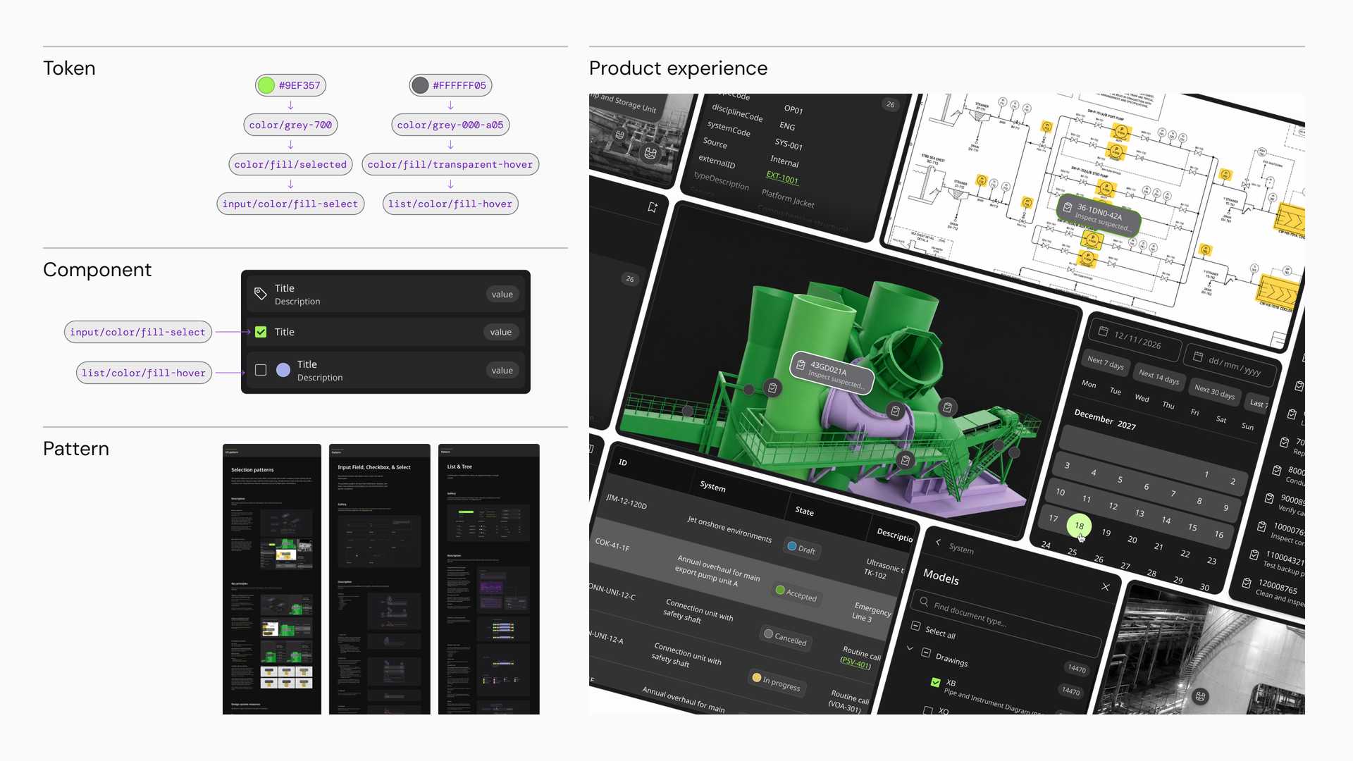 Token, component and pattern examples on the left, and a collage of product screens on the right