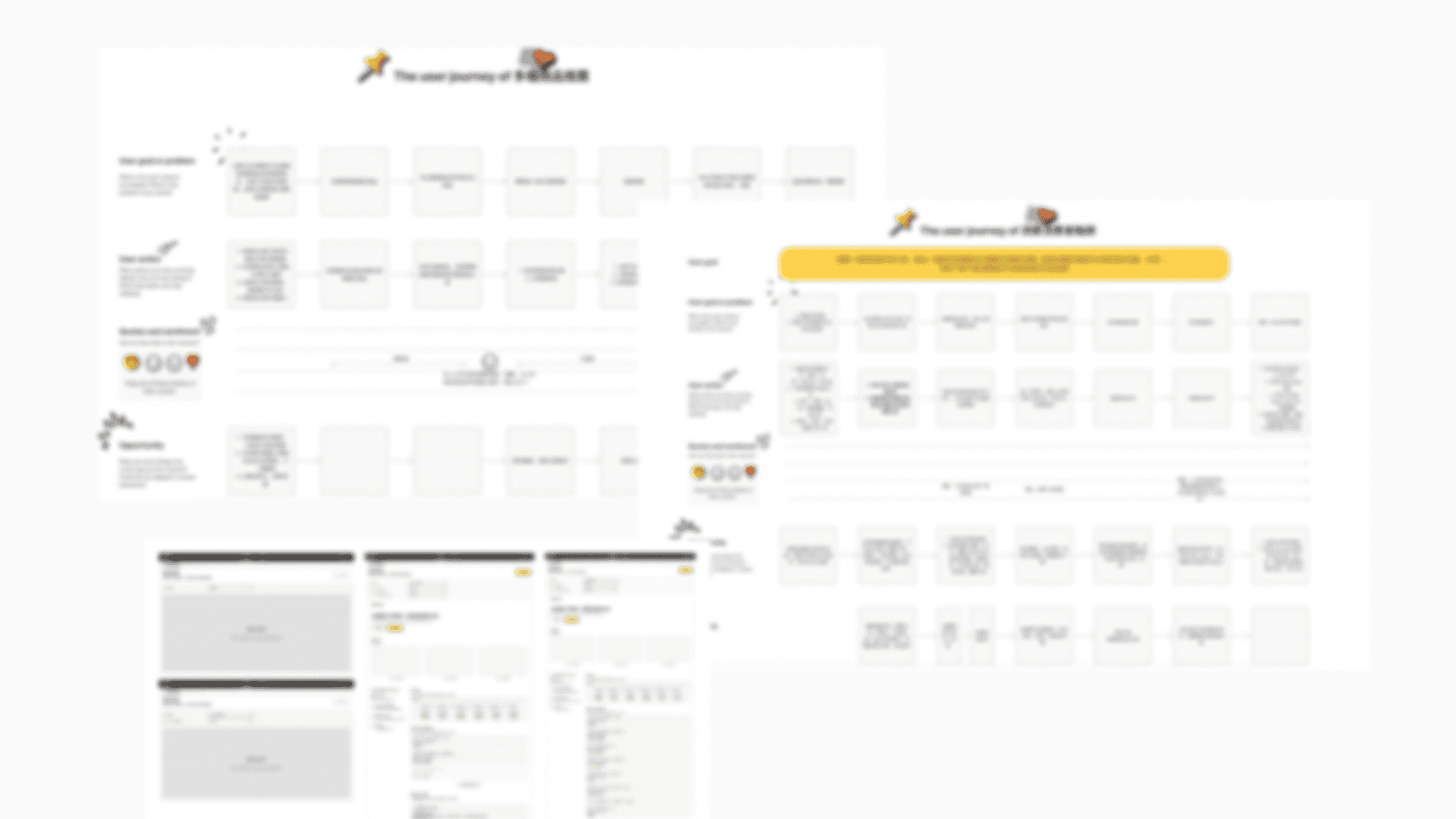 Early wireframes and key user journeys. They are blurred because of the confidentiality concerns.
