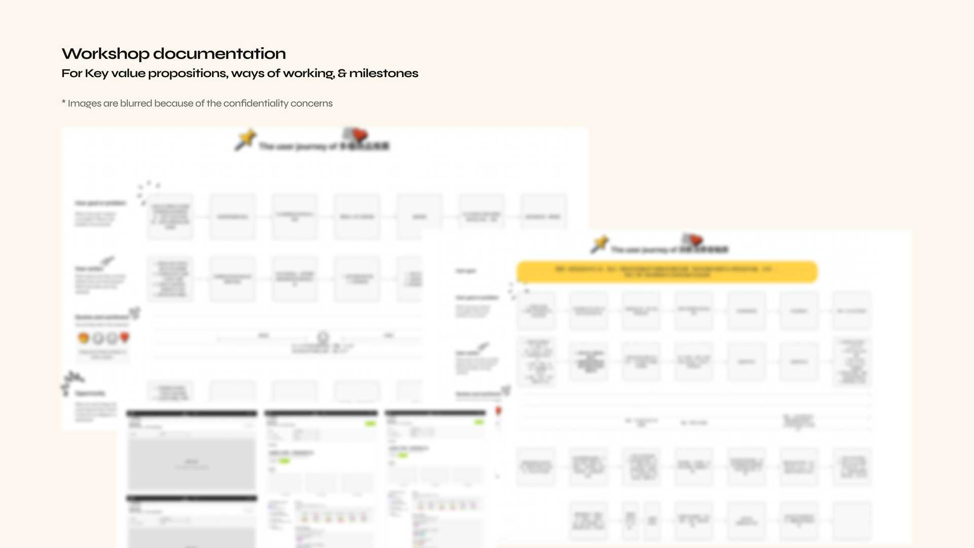 Early wireframes and key user journeys. They are blurred because of the confidentiality concerns.