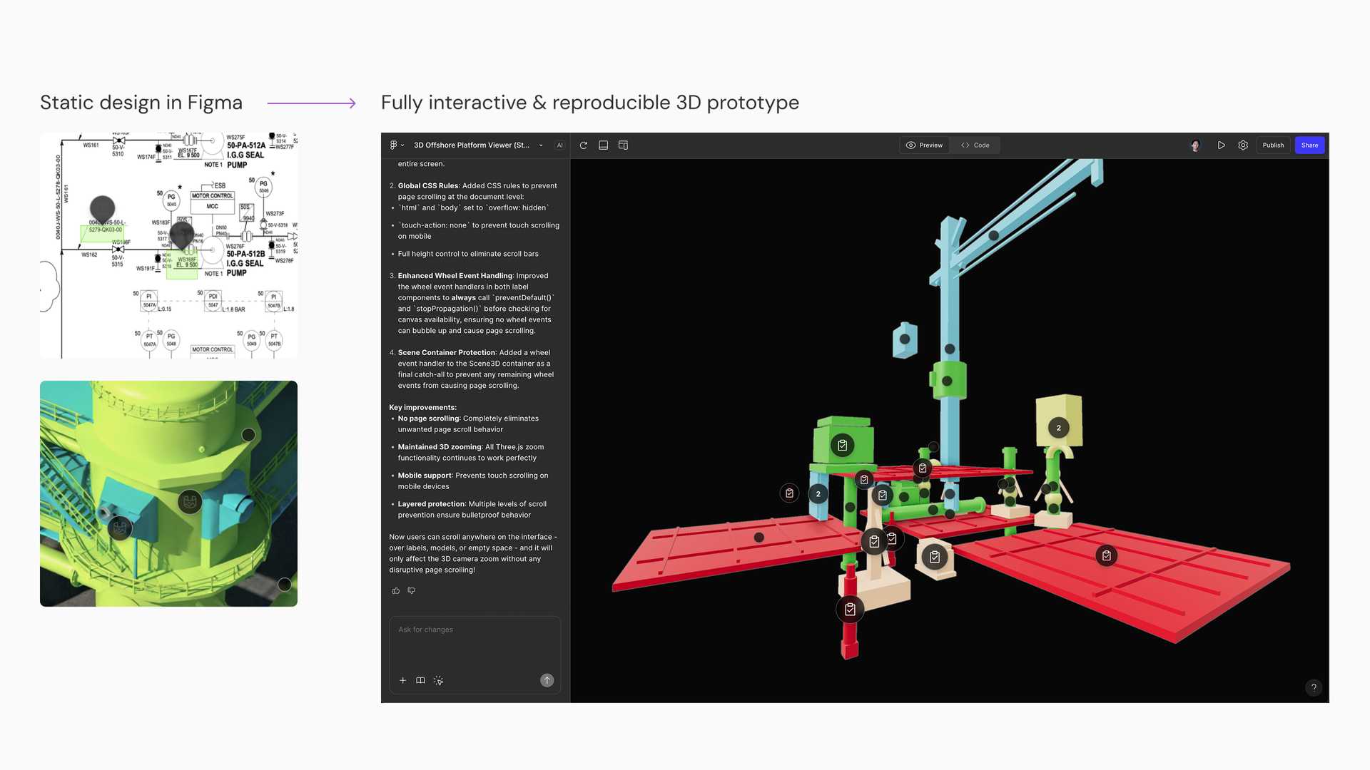A static Figma drawing on the left and an interactive 3D prototype built with agentic coding on the right